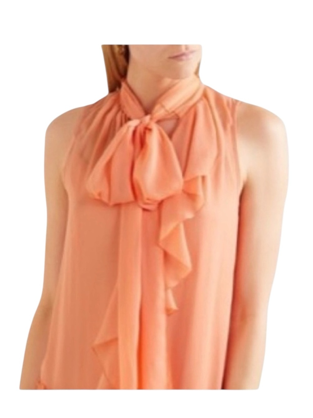 See by Chloe ༻ Pussy Bow Silk Crepe Crepon Sleeveless Top ༻Coral Pink Orange ༻ 6 - Picture 3 of 16